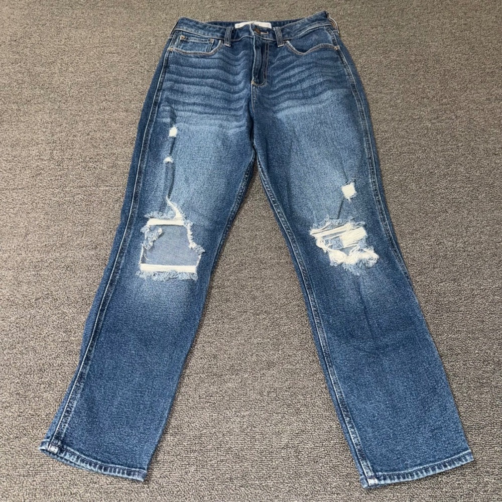 Hollister Co Curvy High-Rise Mom Jean Women's 3/26 Blue Medium Wash Distressed